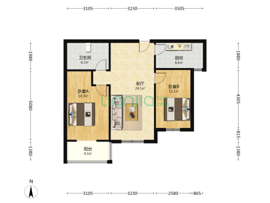 德信公园 朝南两居 中高楼层 采光好 交通便利-户型图