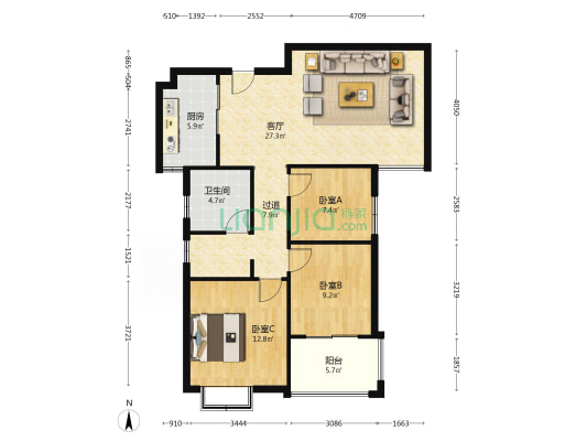 店忠家园 3室1厅1卫 107平方
