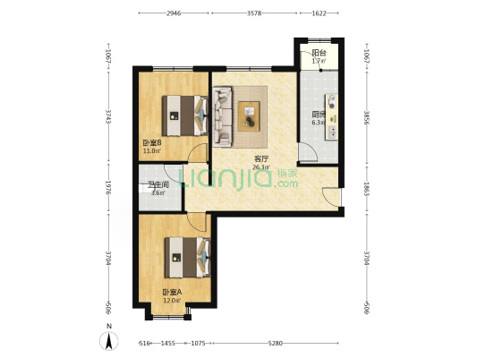 在德信公园旁采光视野好的小两居-户型图
