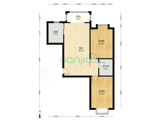 德信公园北侧 可俯瞰公园 精装两居 南北通透-户型图