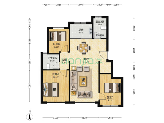 金地艺华里 3室1厅2卫 94平方