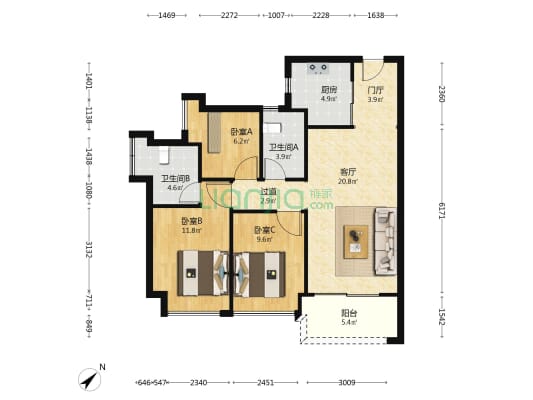 合正方洲泓园 3室1厅2卫 99平方