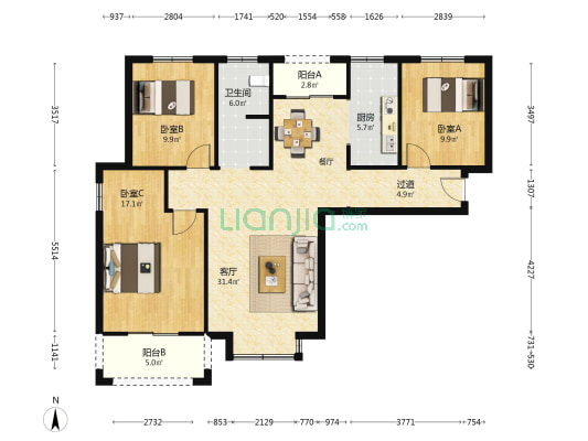 融城花园 3室1厅1卫 117平方