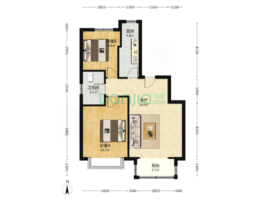 一层带院，集中供暖，南向两居室，-户型图