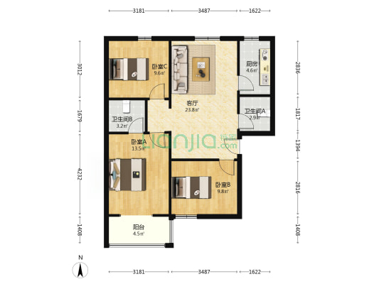 华阳路南北通透大三居，业主诚意出售-户型图