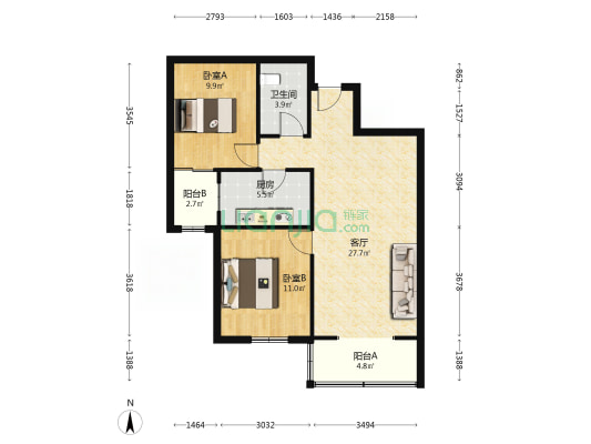 香港豪庭中装，全阳两居，本满五年。-户型图