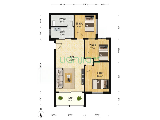 新世纪花苑 3室1厅1卫 78平方