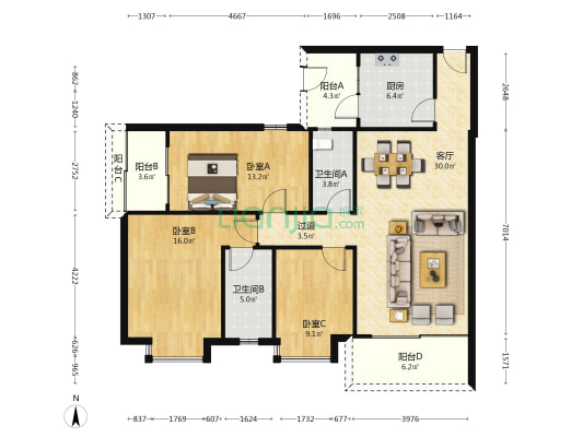 阳光都会广场 3室1厅2卫 125平方