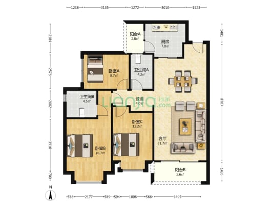 恒大金阳新世界珑誉 3室1厅2卫 120平方