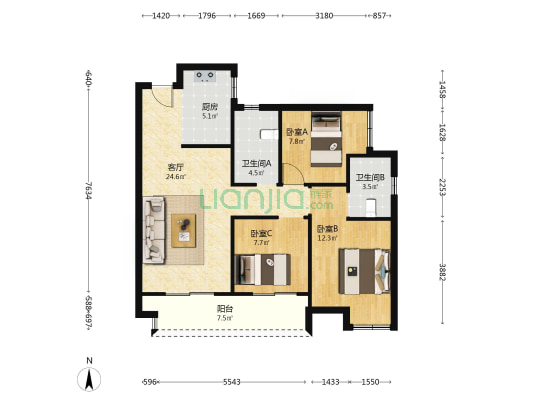 汉江云赫 3室1厅2卫 102平方