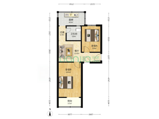韩森西路11号院 2室1厅1卫 58平方