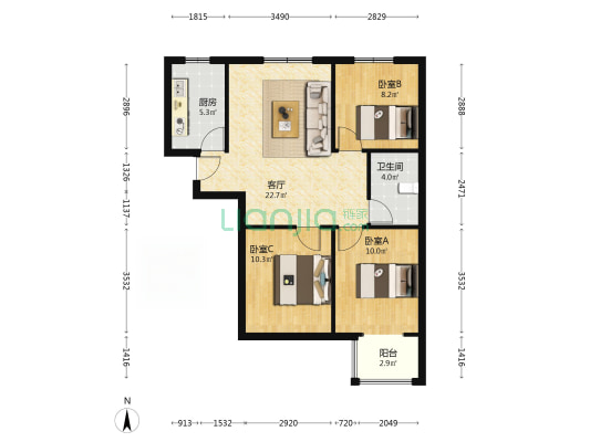房子属于南北通透三居，精装修，楼层属于中低楼层-户型图