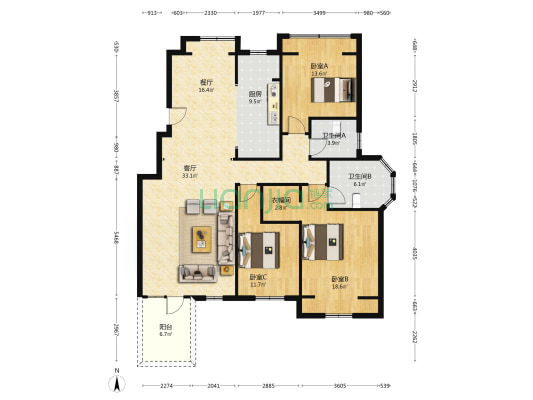 香邑溪谷一期洋房 南北三居室 采光无遮挡 视野好-户型图
