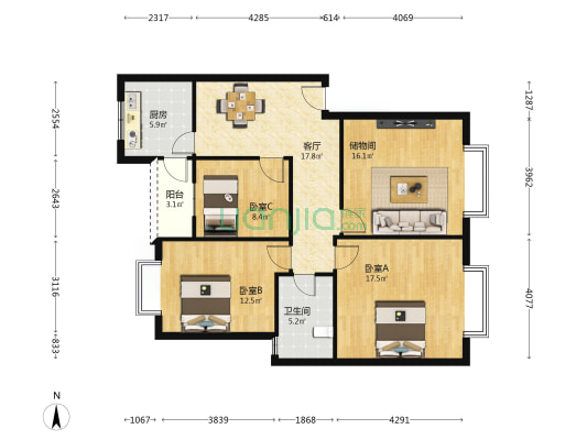 华韵庭苑 3室1厅1卫 105平方