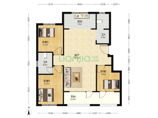 远洋鲲栖府 3室1厅2卫 122平方