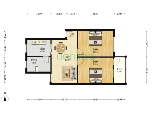 闸北路 2室1厅1卫 80平方