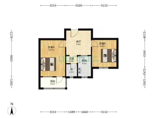 苹果园东北区 2室1厅1卫 57平方