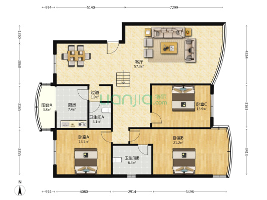 国税花园 3室1厅2卫 144平方