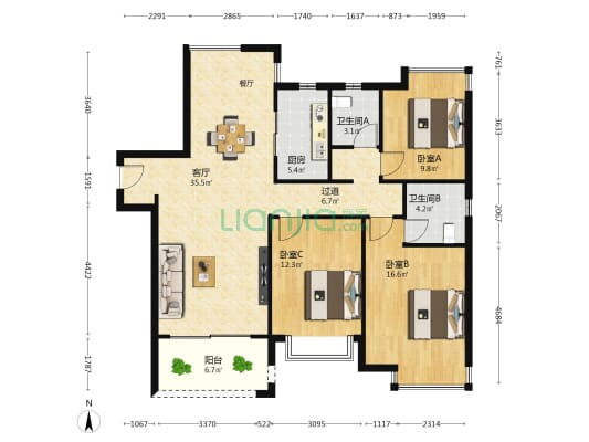 新力渥园 3室1厅2卫 126平方