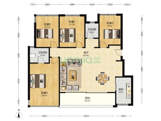 中粮保利天玺壹号一期悦溪 4室1厅2卫 128平方