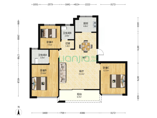 印象江南花园二期 3室1厅2卫 114平方