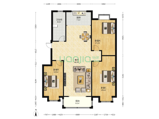 置地天都小区 3室1厅1卫 144平方