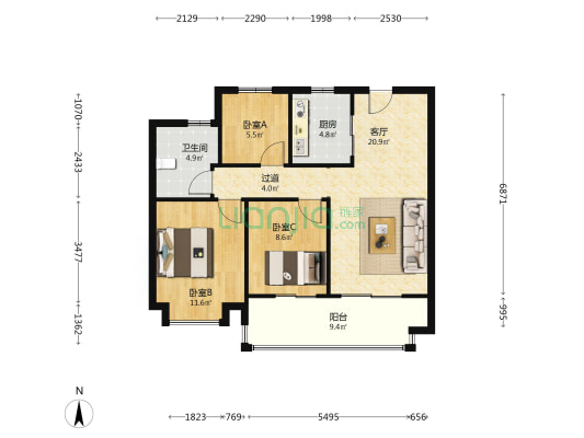 万科锦上光曜东区 3室1厅1卫 93平方