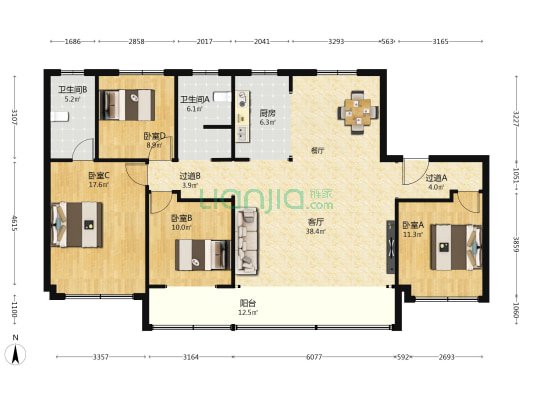 汇川苑北区 4室1厅2卫 166平方