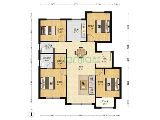 银河颐园 4室1厅2卫 130平方
