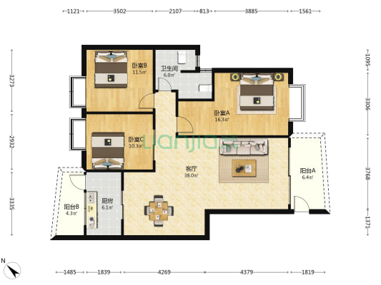 建宏·德堡花苑 3室1厅1卫 115平方