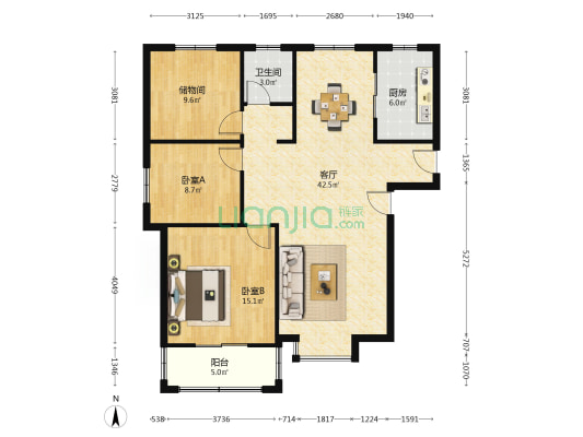 甘棠苑 2室1厅1卫 123平方