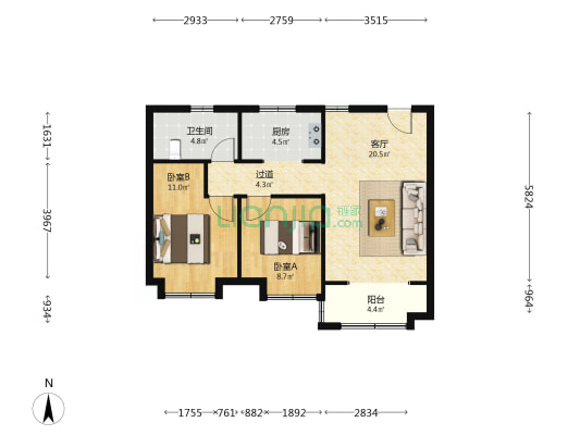 万达·外滩壹号 2室1厅1卫 85平方