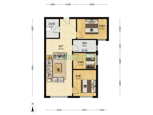 毛坯房，小卧室无遮挡，视野开阔-户型图