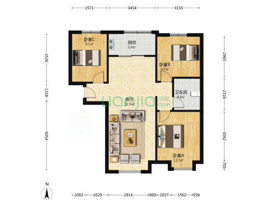 理想湾F户型 南北通透三居室 楼距大 采光足-户型图