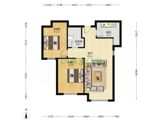 鸿坤理想湾自住装修两居，全南向，冬季7小时采光-户型图
