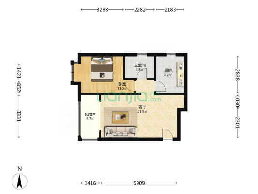 高铁新城 理想湾1居室 毛坯房 满二 随意装修-户型图