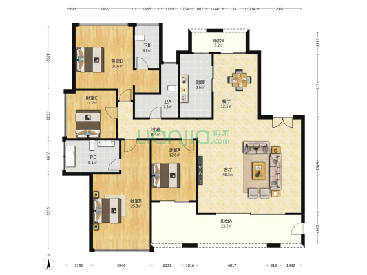 正方世和苑 4室2厅3卫 222平方