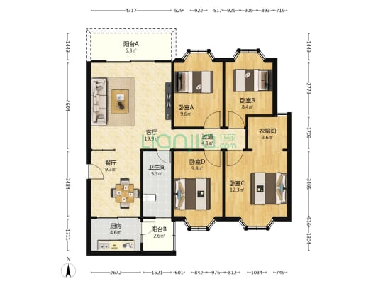 竹雅苑 4室2厅1卫 109平方