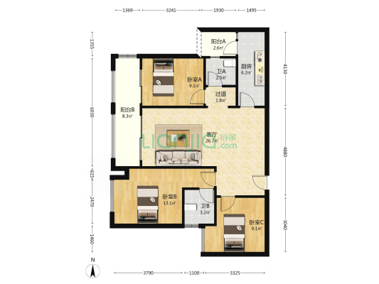 鲁能星城外滩天景 3室1厅2卫 103平方