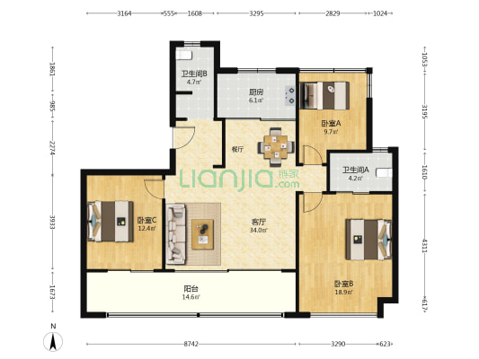 招商臻境 3室1厅2卫 143平方