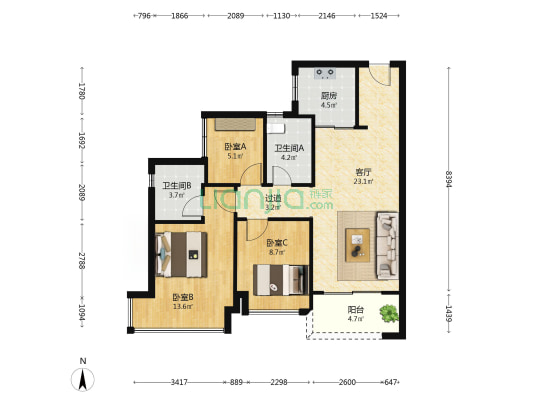 美的·金地·新明珠·凤翔湾壹号 3室1厅2卫 83平方