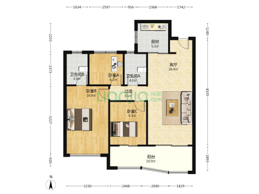 中海观江樾 3室1厅2卫 111平方