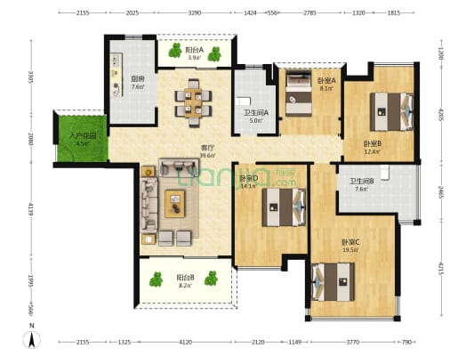 方直广场 4室1厅2卫 162平方