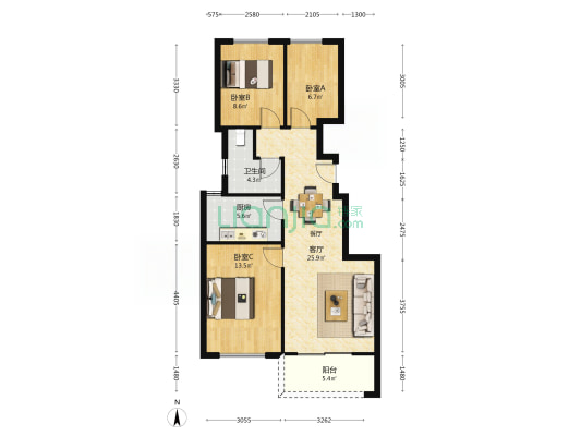 融创空港宸院三期 3室1厅1卫 89平方