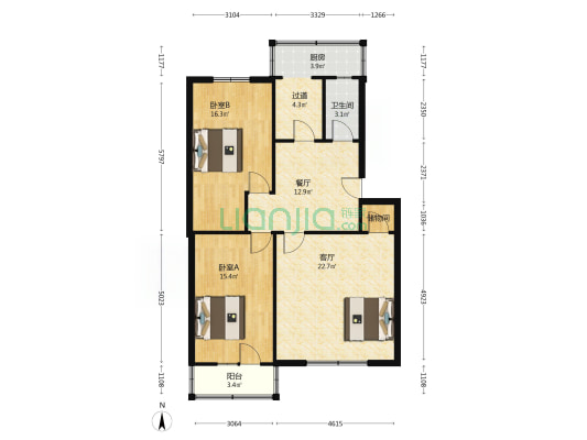 二号道电力公寓 2室2厅1卫 103平方