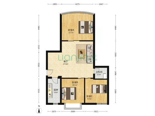 全新社区 3室1厅1卫 92平方