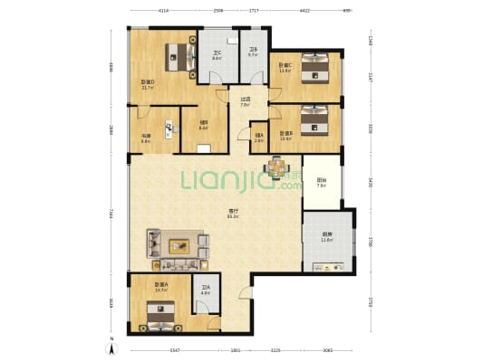 中海阅湘台 5室1厅3卫 253平方