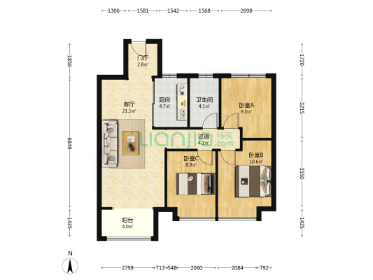 通新润府 3室1厅1卫 92平方