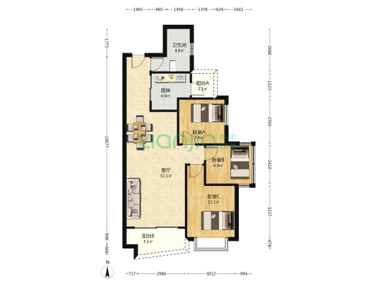 五江天街南区 3室1厅1卫 98平方