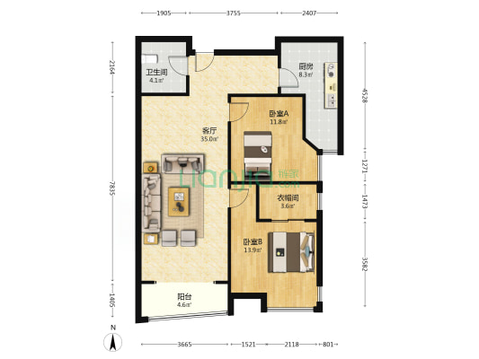 涿州开发区御景园精装全南两居室房本满二-户型图